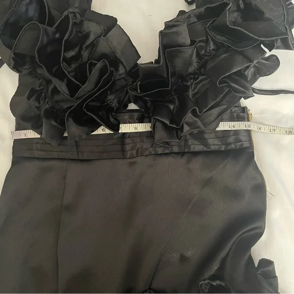 Black satin deep V-neck high low ruffle dress - Picture 13 of 13